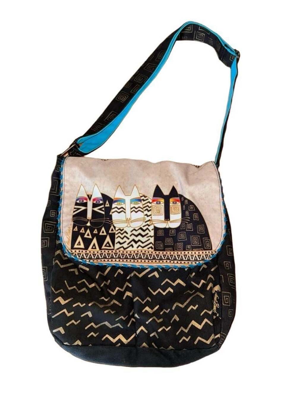Laurel Burch Cats Messenger Bag Black Folk Art Canvas Crossbody